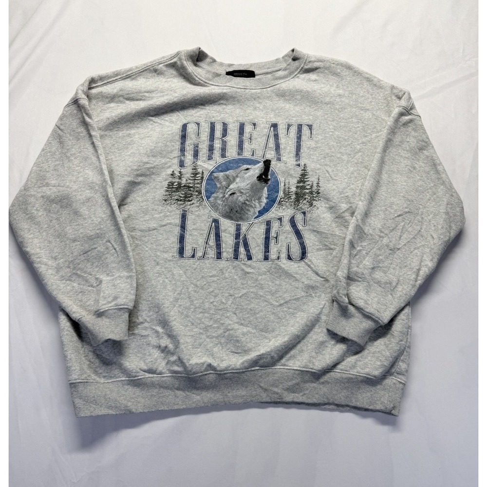 Forever 21 Women's XL Great Lakes Wolf Gray Sweatshirt Nature Outdoors Stains